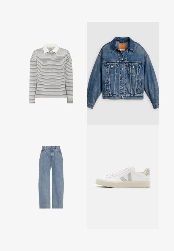 Blå denimjakke med knapper foran, to brystlommer med klap og knapper, sidelommer og en spids krave.; My Essential Wardrobe MWKLARA - Poloshirts - peal blue striped; Lysblå jeans i høj talje med lige, brede ben, forlommer, bæltestropper og lukning med knap og lynlås.; Hvide sneakers lavet af læder med grå V-logo detaljer, struktureret gummisål, hvide snørebånd samt polstret tunge og krave.