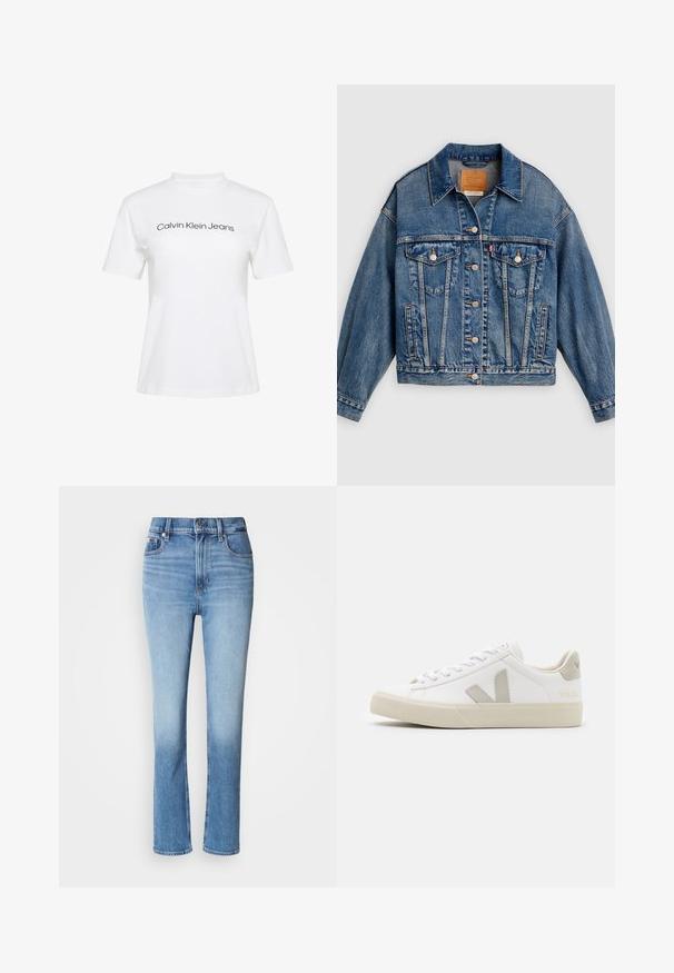 Blå denimjakke med knapper foran, to brystlommer med klap og knapper, sidelommer og en spids krave.; Hvid bomulds-T-shirt med rund hals og korte ærmer, med teksten "Calvin Klein Jeans" i sort tryk på tværs af brystet.; Blå denimjeans med høj talje, lige ben-design, falmede farvegradient og fem-lomme stil. Metalknap- og lynlås-lukning.; Hvide sneakers lavet af læder med grå V-logo detaljer, struktureret gummisål, hvide snørebånd samt polstret tunge og krave.