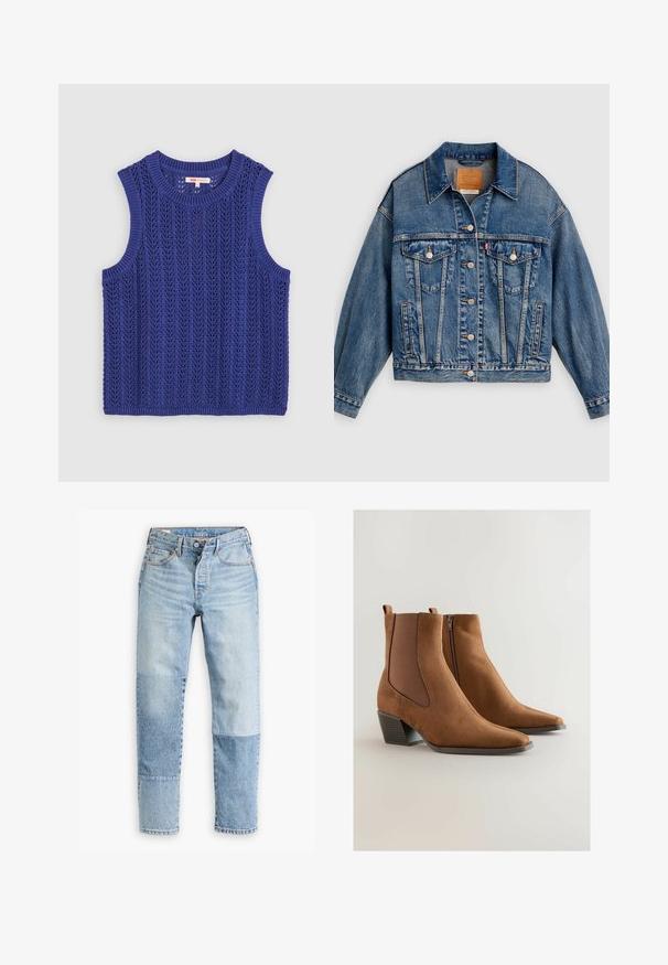 Blå denimjakke med knapper foran, to brystlommer med klap og knapper, sidelommer og en spids krave.; Strikket ærmeløs top i livlig lilla, med et struktureret mønster, rund halsudskæring og ribbede kanter.; Lyseblå denimjeans med et unikt paneldesign med varierende nuancer og teksturer. Klassisk fem-lomme stil med lynlås.; Brune ruskinds ankelstøvler med elastiske sidepaneler, spids tå og en lav blokhæl. Har en lynlås på ydersiden for nem påtagning.