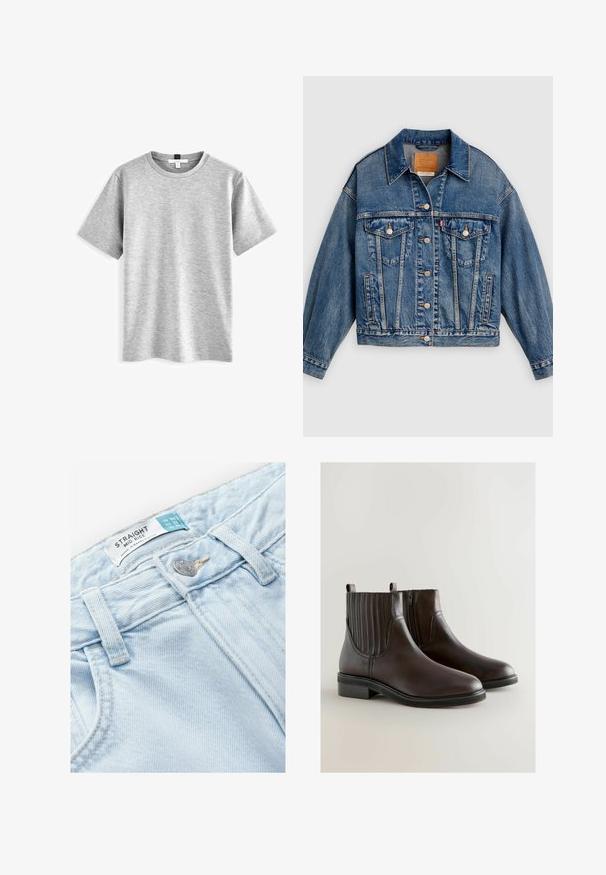 Blauwe spijkerjack met knoopsluiting aan de voorkant, twee borstflapzakken met knopen, zijzakken en een puntige kraag.; Grijs t-shirt met korte mouwen, gemaakt van zacht, gemengd materiaal, met een ronde halslijn en een eenvoudig ontwerp. Er zijn geen logo's of patronen aanwezig.; Lichtblauwe spijkerbroek van denim met een gemiddelde taillehoogte, voorzien van een rechte snit, een metalen knoopsluiting en een geweven merketiket.; Bruine leren enkellaarsjes met een ribbel-elastische inzet, zijrits en een lage blokhak voor stabiliteit. Gladde textuur en minimalistisch design.