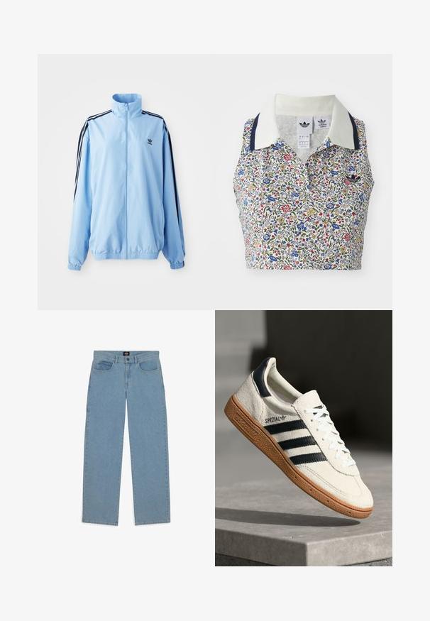 Lichtblauwe nylon jas met een hoge kraag, zwarte zijstrepen, elastische manchetten en een klein zwart logo op de borst.; Bloemige crop top met een witte basis en blauwe, rode en gele bloemen. Inclusief een witte kraag met marineblauwe accenten en een geborduurd logo.; Lichtblauwe jeans, losse pasvorm, denim stof, vijf-pocket ontwerp, knoopsluiting, rechte pijpen, zichtbare stiksels, geen patronen of accenten.; Witte suède sneakers met marineblauwe strepen, rubberen gumzool, gestructureerde bovenkant, ronde neus en veters; heeft branding aan de zijkant en op de tong.