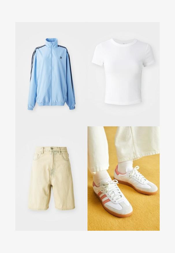 Lyseblå jakke lavet af nylon, med høj krave, sorte sidestropper, elastiske manchetter og et lille sort logo på brystet.; Simpel hvid kortærmet cropped t-shirt med rund halsudskæring, præsenteret på en neutral lys baggrund.; Lys gule denim shorts med høj talje, der har bæltestropper, frontknaplukning og sidelommer. Glat tekstur og lige snit.; Hvide sportsko med lyserøde accenter, lavet af ruskind og læder, rund tå og gummisål, vist med lyse sokker på en gul baggrund.