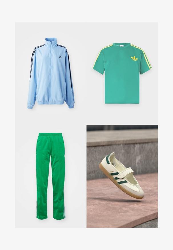 Svetlomodrá bunda vyrobená z nylonu, s vysokým golierom, čiernymi bočnými pruhmi, elastickými manžetami a malým čiernym logom na hrudi.; Zelené bavlnené tričko s krátkymi rukávmi, s žltými pruhmi pozdĺž ramien a vyšívaným trojlístkovým logom na hrudi.; Zelené športové nohavice vyrobené z hladkého materiálu; majú elastický pás a biele pruhy na stranách.; Biela kožená obuv so zelenými pruhmi, zaoblenou špičkou, upevnená pásikom. Podošva z gumy, minimalistický dizajn, zvýraznené šitie pozdĺž horných okrajov.