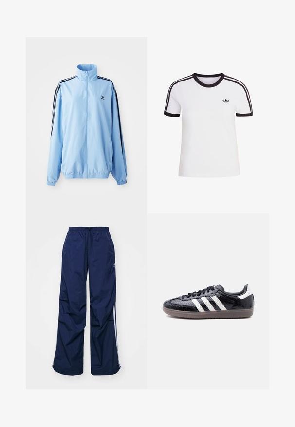 Lyseblå jakke lavet af nylon, med høj krave, sorte sidestropper, elastiske manchetter og et lille sort logo på brystet.; Hvid kortærmet t-shirt med sorte detaljer, der har rund halsudskæring og tre sorte striber på hver skulder. Lille sort logo på brystet.; Marineblå, letvægtsbukser med elastik i taljen og snøre, med hvide sidelister og et lille logo foran. Løs pasform.; Lavprofils sort sneaker med tekstureret slangeskindsmønster, hvide striber på siden, sorte snørebånd og en gennemsigtig brun sål.