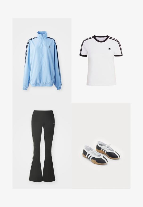 Lyseblå jakke lavet af nylon, med høj krave, sorte sidestropper, elastiske manchetter og et lille sort logo på brystet.; Hvid kortærmet t-shirt med sorte detaljer, der har rund halsudskæring og tre sorte striber på hver skulder. Lille sort logo på brystet.; Sorte flared leggings lavet af strækstof, med en høj talje og hvide sidestreger. Inkluderer lille logo ved taljen.; Sort-hvide sportsko med et slankt design, gummisål, snørebåndslukning og tre hvide striber på siden.