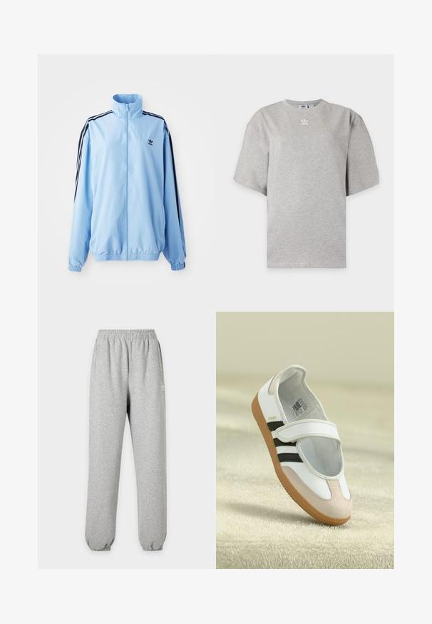 Hele sinine nailonist jakk, millel on kõrge krae, mustad küljeribad, elastsed mansetid ja rinnal väike must logo.; Helehall Adidas lühikeste varrukatega t-särk, ümara kaelusega ja väikese valge Adidas logoga rinnal, esitatud lihtsal taustal.; Heledat hallid dressipüksid elastse vöökohaga ja mansettidega, küljetaskud ning väike valge logo reie ülaosas.; Valge king, millel on roosa sametist varvas, mustad triibud ja Velcro rihm. Omab pruuni kummist talla ja külje peal logo.
