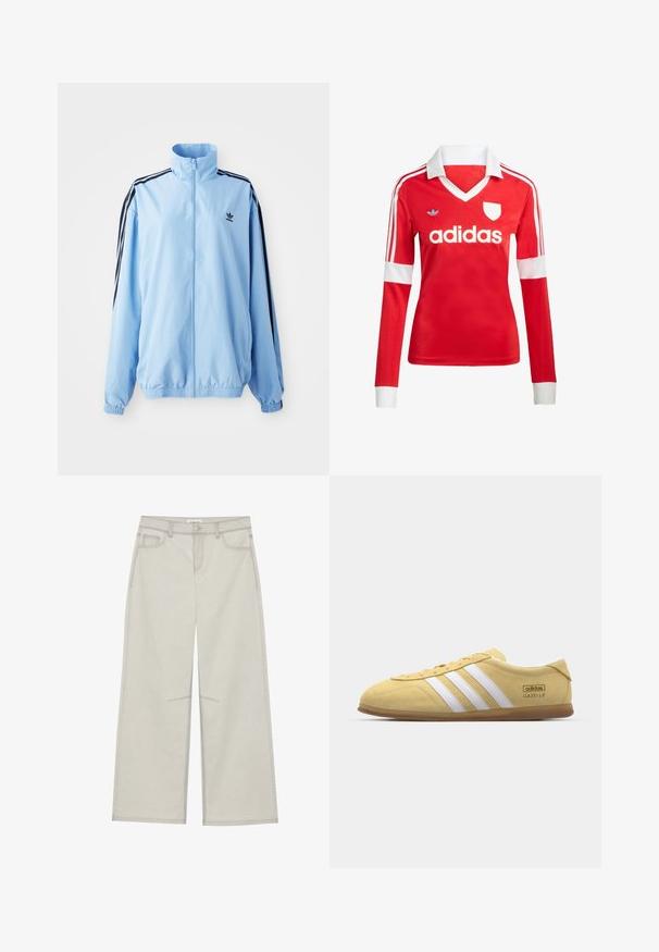 Lyseblå jakke lavet af nylon, med høj krave, sorte sidestropper, elastiske manchetter og et lille sort logo på brystet.; Rød langærmet fodboldtrøje med hvid krave og manchetter. Har tre hvide striber på skuldrene og "adidas" logoet fremtrædende vist.; Lysegrå bredbenede bukser med fem lommer, frontknaplukning og kontrastsyninger langs sømmen. Stoffet ser blødt og slidstærkt ud.; adidas Originals GAZELLE LO PRO W - Sneakers - almost yellow/footwear white