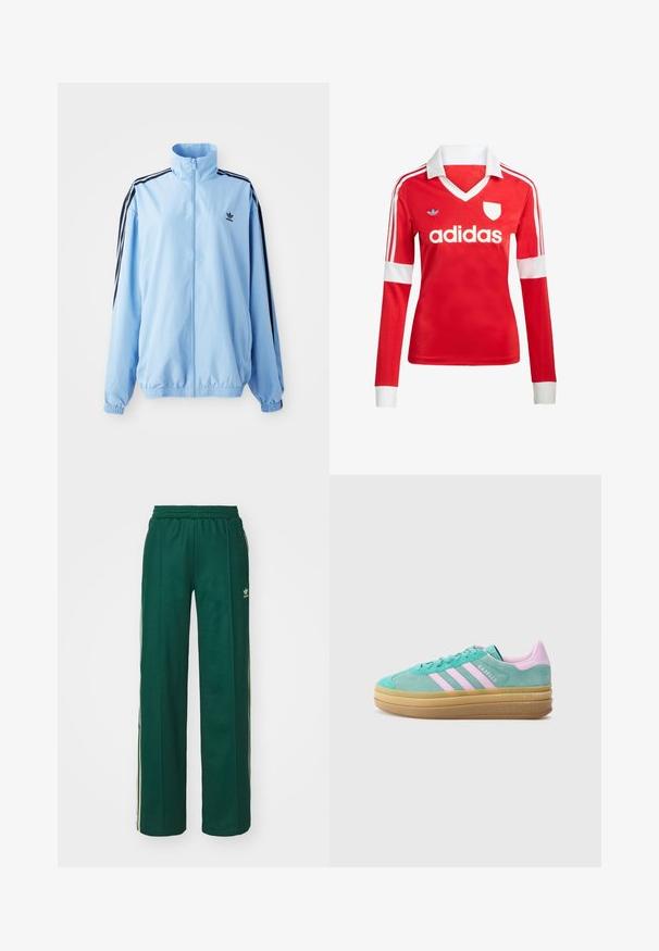 Lyseblå jakke lavet af nylon, med høj krave, sorte sidestropper, elastiske manchetter og et lille sort logo på brystet.; Rød langærmet fodboldtrøje med hvid krave og manchetter. Har tre hvide striber på skuldrene og "adidas" logoet fremtrædende vist.; Mørkegrønne træningsbukser med en afslappet pasform, der har snor i taljen, sidelommer og cremefarvede striber langs siderne.; adidas Originals GAZELLE BOLD - Sneakers - powder teal/bliss lilac/pure teal