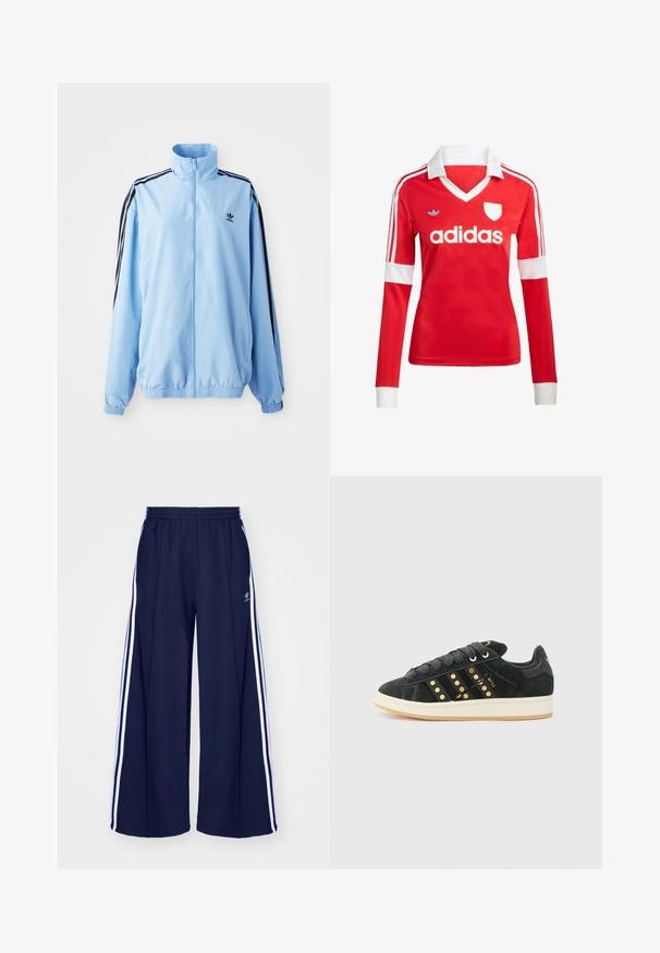 Lyseblå jakke lavet af nylon, med høj krave, sorte sidestropper, elastiske manchetter og et lille sort logo på brystet.; Rød langærmet fodboldtrøje med hvid krave og manchetter. Har tre hvide striber på skuldrene og "adidas" logoet fremtrædende vist.; adidas Originals PANT - Træningsbukser - night indigo; adidas Originals CAMPUS 00S W - Sneakers - core black/carbon/gold-coloured