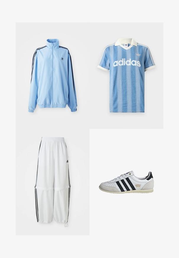 Lyseblå jakke lavet af nylon, med høj krave, sorte sidestropper, elastiske manchetter og et lille sort logo på brystet.; Lyseblå polo med korte ærmer og lodrette striber, hvide detaljer og en fremtrædende hvid "adidas"-logo på forsiden.; Hvide sportbukser med en afslappet pasform, elastisk talje og sorte sidelæg. Har lynlåslommer og elastiske afslutninger ved anklerne.; Hvide sneakers med sorte striber og guldbranding. Fremstillet af suede og lædermaterialer, med perforeret overdel og struktureret gummisål.
