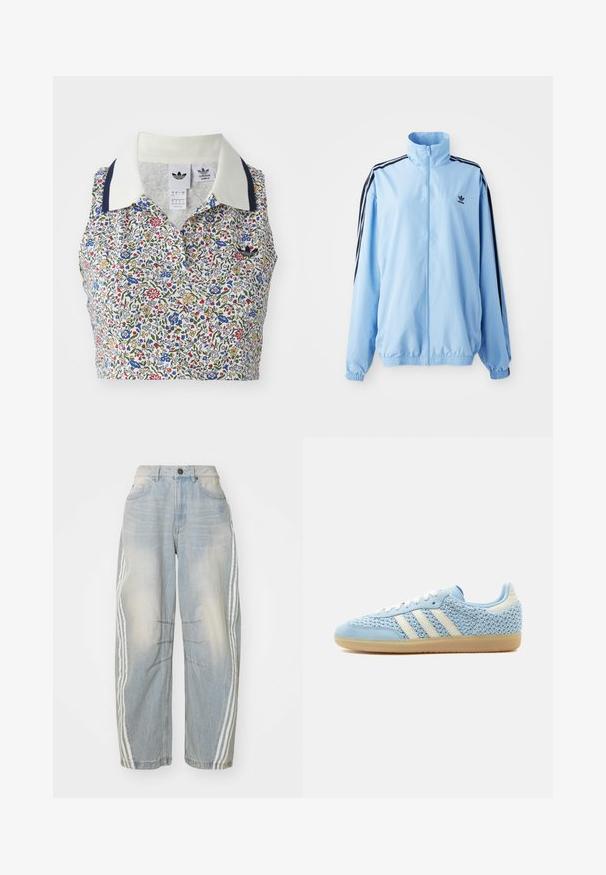 Lyseblå jakke lavet af nylon, med høj krave, sorte sidestropper, elastiske manchetter og et lille sort logo på brystet.; Blomstret cropped bluse med hvid bund og blomster i blå, rød og gul. Inkluderer en hvid krave med marineblå detaljer og et broderet logo.; Lyseblå denimjeans med løs pasform, der har hvide striber ned langs siderne, slidte detaljer og knaplukning i taljen.; Lav sko med lys blå vævet overdel, hvide striber, hvide snørebånd, lys blå ruskindstrop og sål af gumgummi.