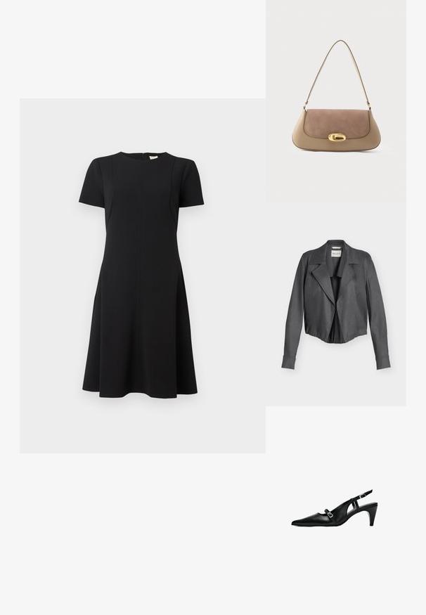 Mørkegrå ruskind cropped jakke med brede slag, lange ærmer og tætsiddende talje, vist mod en ensfarvet lys baggrund.; Calvin Klein FLARE DRESS - Hverdagskjole - black; Sort læder slingback hæl med spids tå, justerbar ankelrem med en sølvfarvet spænde og en moderat kegleformet hæl.; Tote-taske i beige og brunt læder, med en blød ruskindsklap, en oval guldlås og en enkelt skulderrem. Glat tekstur over det hele.