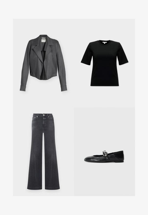 Veste courte en daim gris foncé avec larges revers, manches longues et taille cintrée, présentée sur un fond clair uni.; T-shirt noir à manches courtes avec col rond et coupe ajustée, présenté sur un fond clair uni.; Jean gris foncé taille haute à jambes larges, avec cinq poches, fermeture à boutons et un léger effet délavé sur l'avant des cuisses.; Ballerines en cuir noir avec un bout pointu, dotées d'une sangle avec une boucle métallique circulaire et d'une semelle plate.