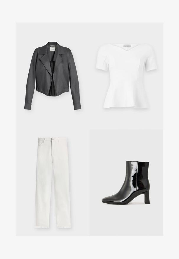 Veste courte en daim gris foncé avec larges revers, manches longues et taille cintrée, présentée sur un fond clair uni.; Haut blanc à manches courtes avec basque, encolure en cœur et taille cintrée, étiquette "Anna Field" visible à l'intérieur du col.; Modström PRINCESSMD - Wide Leg - vanilla cream; Bottines en cuir verni noir avec un bout pointu et un talon block de hauteur moyenne. Texture lisse et design minimaliste.