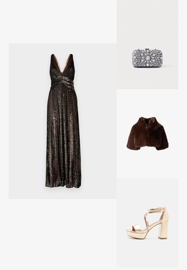 Mørkebrun kort jakke i imiteret pels med bred krave og lange ærmer, vist på en hvid baggrund.; Halston ESRA STRIPED - Gallakjole - black; Guld metalisk platform sandaler med en chunky blokhælk, åben tå og krydsede ankelstropper med spænde detaljer. Glat tekstur.; Lille rektangulær mørkegrå clutch pyntet med klare rhinsten i et strålende mønster og en sølvkæde som strop.