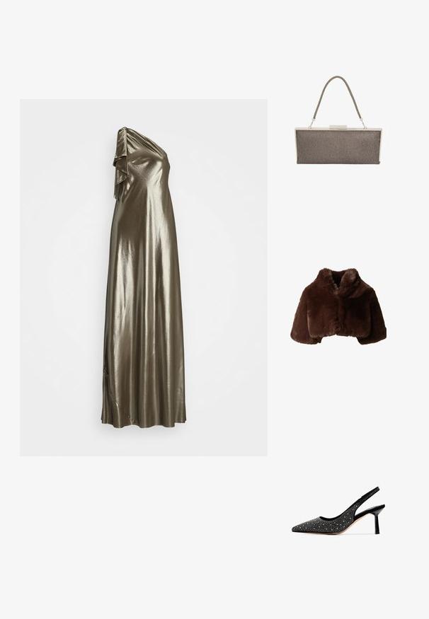Mørkebrun kort jakke i imiteret pels med bred krave og lange ærmer, vist på en hvid baggrund.; Lauren Ralph Lauren METALLIC CHIFFON ONE-SHOULDER GOWN - Gallakjole - silver; Sorte suede slingback pumpe med spids tå, prydet med metalliske nitter og en blank sort stiletto hæl. Glat indvendig foring.; Metallisk clutch taske med et struktureret gråt stofyderste, en sølvramme og et vævet håndtag. Har et spænde lukning.