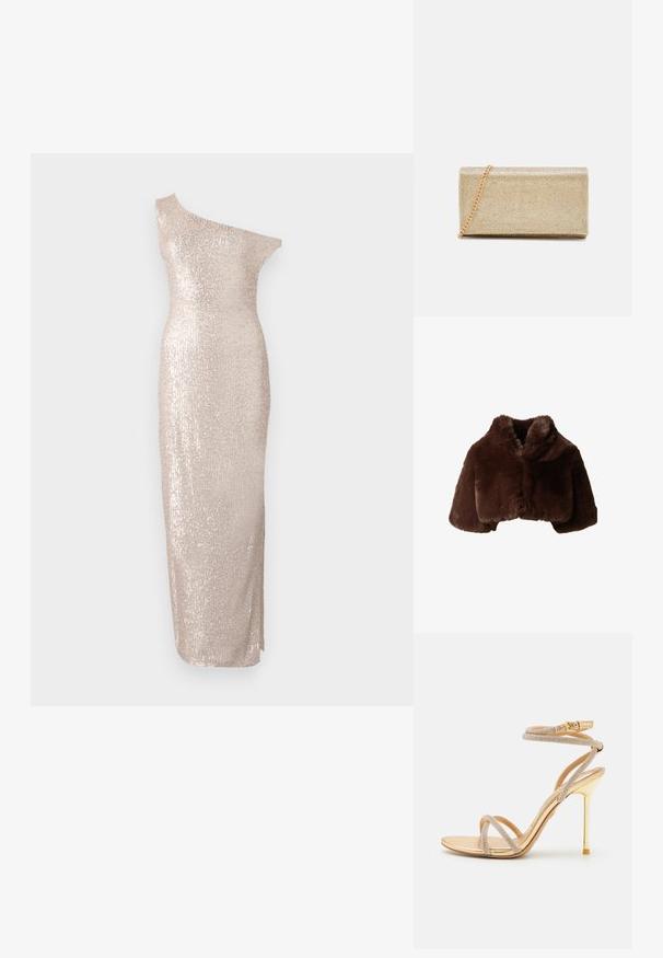Donkerbruine korte nepbontjas met brede kraag en lange mouwen, weergegeven op een witte achtergrond.; Knie-lange, one-shoulder jurk in lichtbeige met een getailleerd silhouet, voorzien van een paillettenstructuur en een slanke, rechte ontwerp.; ALDO MANAELDEN - Sandalen met hoge hak - gold-coloured; Gouden metallic clutch met een gestructureerd oppervlak, voorzien van een kettinghengsel en een rechthoekige vorm, ontworpen voor avondgebruik.