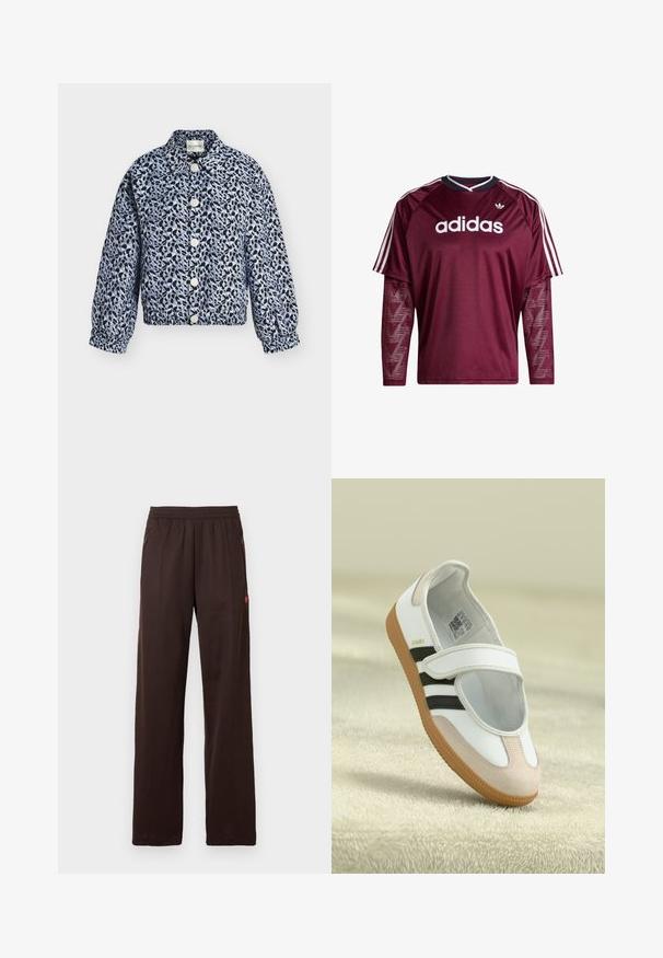 Langärmelig jasje met knopen en elastische manchetten, met lichtblauwe en zwarte abstracte dierenprint op een lichte achtergrond.; Donkerrode Adidas longsleeve met mouwen van mesh, wit logo en strepen op de schouders, zwarte en witte kraag, voorkant gezien.; Donkerbruine broek met wijde pijpen, elastische tailleband en zijzakken met rits, met een subtiel rood logodetail op het bovenbeen.; Witte schoen met een roze suède neus, zwarte strepen en een klittenbandsluiting. Heeft een tan rubberen zool en een logo aan de zijkant.