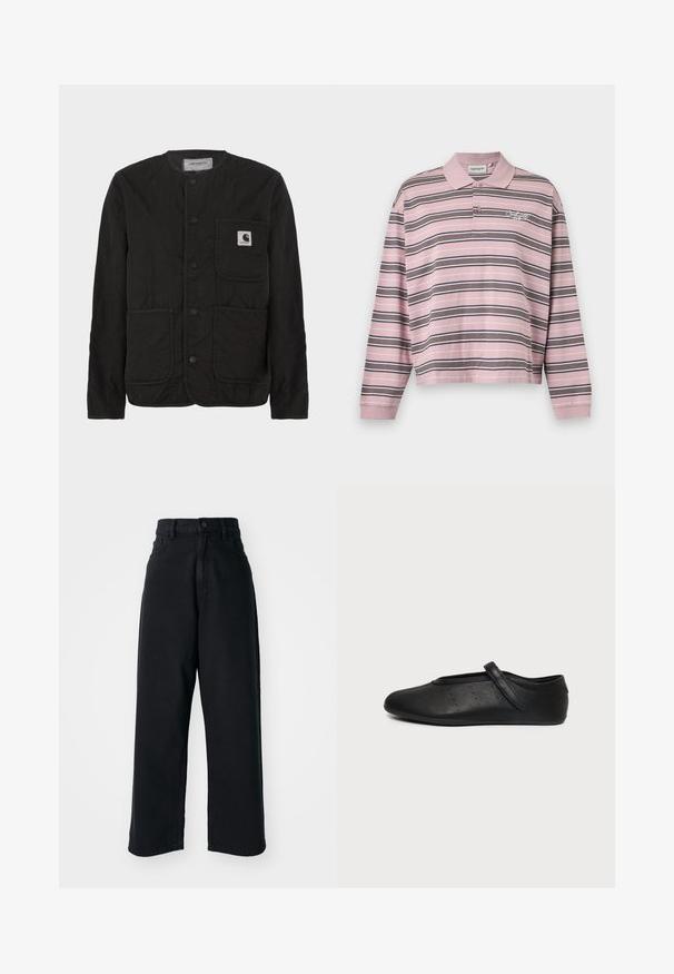 Chaqueta negra acolchada hecha de tela ligera, con cuello redondo, cierre de botones y dos bolsillos frontales. Incluye un parche con el logo.; Polo rosa de manga larga con rayas horizontales negras y blancas y tapeta con dos botones, con un pequeño logotipo bordado en el pecho.; Jeans anchos de tiro alto en negro, con bolsillos frontales y cierre de botón, exhibidos sobre un fondo blanco liso.; Zapato plano Mary Jane de cuero negro con una sola correa y pequeños puntos perforados en el lateral, mostrado sobre un fondo liso de color gris claro.