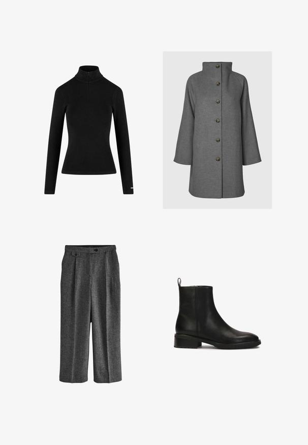 Grå uldfrakke med høj krave, syv frontknapper og brede, ærmelange ærmer. Glat tekstur og struktureret design.; Sort ribbet langærmet turtleneck med en lynlås i kraven og tætsiddende silhuet, lavet af et blødt, strækbart stof. Minimalistisk design.; Next REGULAR FIT N PREMIUM WIDE LEG PLEATED - Habitbukser - grey; Sort læder ankelstøvle med rund tå, kort skaft, minimalistisk design og en lav stablet hæl for stabilitet. Har en løftestrop.