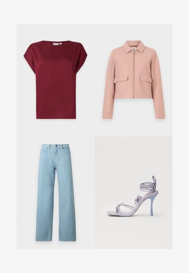 Chaqueta corta en tejido rosa suave, con cuello camisero, cremallera frontal y dos bolsillos parche. Textura lisa con un diseño minimalista.; Blusa burdeos de manga corta con cuello redondo y detalle de puños doblados en las mangas, presentada sobre un fondo claro y sencillo.; Vaqueros de pierna ancha en azul claro, con botón frontal, cierre de cremallera y diseño de cinco bolsillos sobre fondo blanco.; Sandal de tacón alto con tiras transparentes en color púrpura, detalle de lazo decorativo y tacón stiletto delgado. Textura suave y diseño elegante.