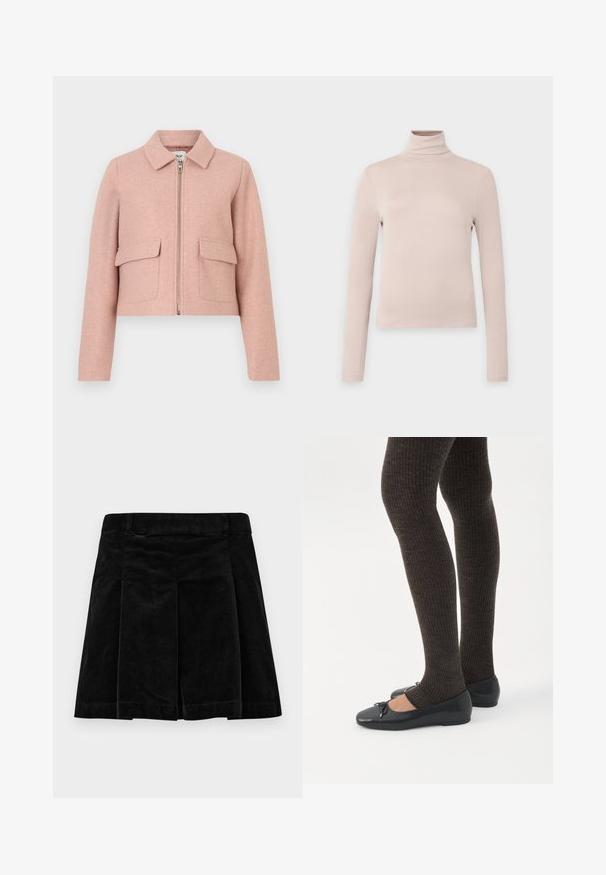 Korte jas van zachte roze stof, met een kraag, ritssluiting aan de voorkant en twee opgestikte zakken. Gladde textuur met minimalistisch ontwerp.; Lichtbeige langslavige coltrui, gemaakt van soepele stretchstof, met een aansluitend design en hoge kraag. Geen zichtbare patronen of accenten.; Zwarte corduroy rok met een geplooid ontwerp, met een rechte snit, textuur en een tailleband voor een stevige pasvorm.; Benen met donkere geribbelde leggings gecombineerd met zwarte ballerina's met kleine strikdetails op een witte achtergrond.