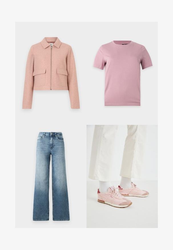 Chaqueta corta en tejido rosa suave, con cuello camisero, cremallera frontal y dos bolsillos parche. Textura lisa con un diseño minimalista.; Camiseta simple de algodón rosa suave de manga corta con cuello redondo, mostrada sobre un fondo plano de color gris claro.; Jeans de denim de pierna ancha en lavado azul claro, con cintura alta, diseño de cinco bolsillos y un ligero desvanecimiento en la tela. Cierre clásico con botón de metal.; Zapatillas deportivas rosas con una combinación de materiales lisos y texturizados. Incluyen un acento burdeos en el talón y una suela de goma blanca.
