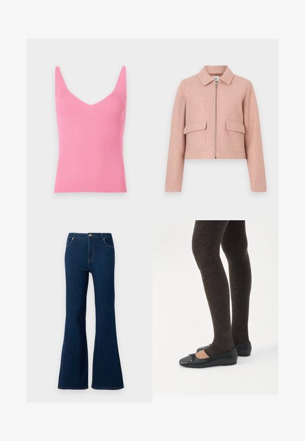 Kropsnær jakke i blødt lyserødt stof med krave, lynlås foran og to påsyede lommer. Glat tekstur med minimalistisk design.; Fittet rosa ribbet tanktop med dyb V-hals, brede skulderstropper og en glat tekstur. Velegnet til lag-på-lag eller som alene brug.; Mørkeblå jeans med udvidet ben, lavet af denim. Funktioner inkluderer frontlukning med knap, femlommeredesign og syede detaljer på lommerne.; Ben iført mørke ribbede leggings kombineret med sorte balletsko med små sløjfedetaljer på hvid baggrund.