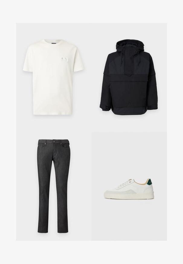 Chaqueta con capucha negra y acabado texturizado. Cuenta con un bolsillo frontal, cordones ajustables y un diseño de paneles en contraste.; Camiseta de algodón blanca con cuello redondo y mangas cortas, que presenta un pequeño parche de logo rectangular en la esquina superior izquierda.; Vaqueros de mezclilla oscura con un diseño de pierna recta, que cuentan con bolsillos delanteros, cierre con botón metálico y detalles de costura sutiles.; Zapatilla blanca con acentos de ante, puntera redondeada, cordones planos y suela de goma color crema. Presenta un logo verde en el talón.