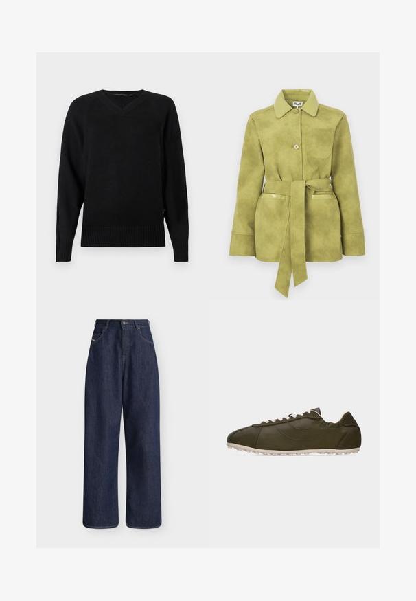 Veste en daim vert clair avec une taille ceinturée, deux poches avant, fermeture à boutons et un col pointu.; Pull en maille noir avec un col en V, des manches longues, un ourlet côtelé et des fentes sur les côtés. La texture est lisse avec une apparence légère.; Jean en denim bleu foncé taille haute, coupe large, bouton devant, braguette zippée et poches latérales.; Baskets basses vert foncé avec lacets blancs et semelle beige clair, vues de profil sur un fond uni clair.