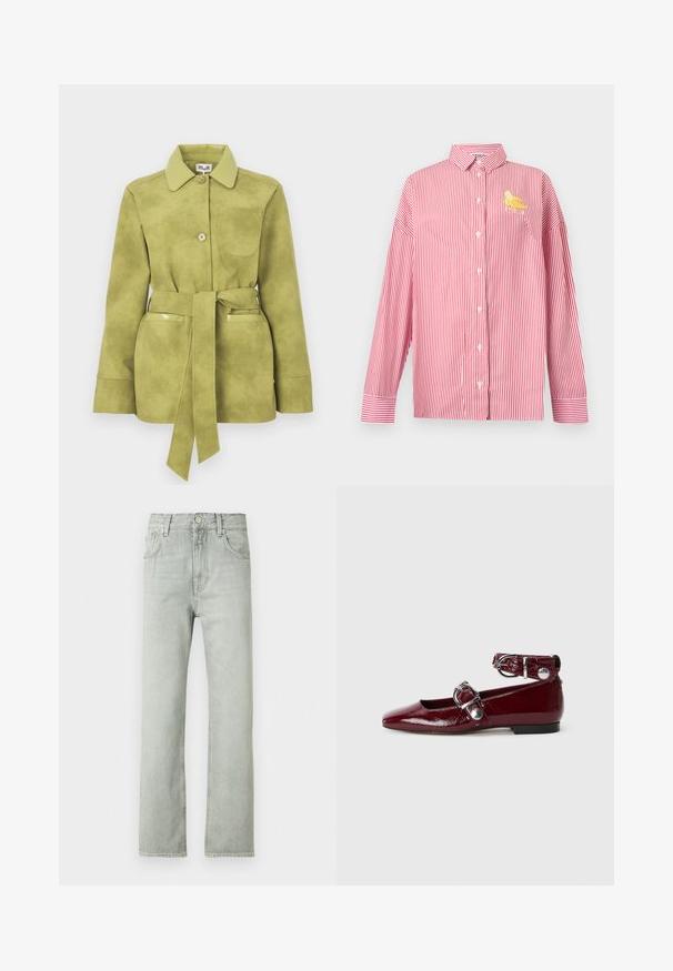 Veste en daim vert clair avec une taille ceinturée, deux poches avant, fermeture à boutons et un col pointu.; Chemise à rayures verticales rouges et blanches, manches longues, avec boutons, col et petit motif banane jaune sur la poitrine gauche.; Jean en denim gris clair avec une coupe droite, cinq poches et une fermeture à boutons sur le devant. Texture douce et design minimaliste.; Ballerines en cuir verni bordeaux avec un bout pointu, une bride de cheville avec une boucle en argent et un petit talon. Texture lisse sur l'ensemble.