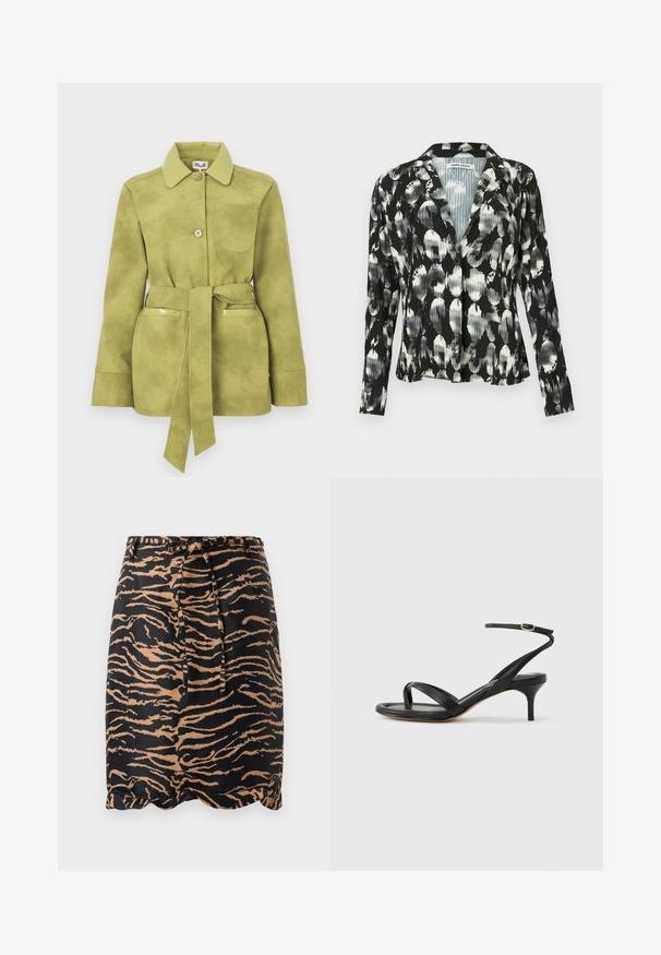 Chaqueta de ante verde claro con cintura ceñida con cinturón, dos bolsillos delanteros, cierre de botones y cuello puntiagudo.; Blazer plisado en blanco y negro con un patrón floral, cierre de un solo botón, cuello con muesca y mangas largas. Detalle de tejido texturizado.; Falda a rayas de tigre negro y marrón, hecha de tela suave, con cintura ajustable y un diseño de dobladillo ondulado.; Sandalia negra de cuero para mujer con tiras finas, un lazo para el dedo del pie, hebilla en el tobillo y tacón de aguja de altura media sobre un fondo neutro.