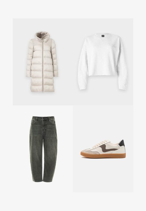 Beige puffjakke med en struktureret, quiltet design. Har høj krave, lange ærmer og en fuld lynlås foran. Glat, blank overflade.; Beskåret grå sweatshirt lavet af blødt stof; har en V-hals, lange ærmer og et lille broderet logo på venstre bryst.; Mørkegrå denimjeans med en afslappet pasform, der har fem lommer, knaplukning og diskret fading forann og bagpå.; Sneakers med en cremefarvet læderoverdel, en mørkebrun svine læder detalje, beige snørebånd og en gummigummisål; klassisk lavprofil design.