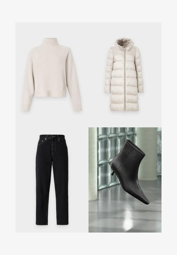 Beige puffjakke med en struktureret, quiltet design. Har høj krave, lange ærmer og en fuld lynlås foran. Glat, blank overflade.; Lys beige turtleneck sweater lavet af blødt stof. Har en afslappet pasform, ribbet kant og manchetter samt lange ærmer. Minimalistisk design.; Sorte denimjeans med lige ben design, høj talje og kontrastsyning. Har fem lommer og lynlåslukning.; Sort læderankelstøvle med spids tå og lille hæl vist mod en væg af glasblokke og poleret gulv baggrund.