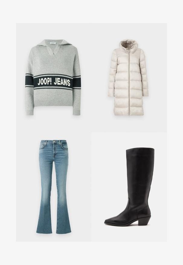 Beige puffjakke med en struktureret, quiltet design. Har høj krave, lange ærmer og en fuld lynlås foran. Glat, blank overflade.; Lysegrå striktrøje med bred sort stribe og hvid "JOOP! JEANS" tekst over brystet, åben krave samt ribstrikkede manchetter og kant.; Lys blå denim flarebukser med høj talje, med forlommer og et klassisk fem-lomme design, glat tekstur og blegnet finish.; Sort læderstøvle til midtkalv med spids tå og lavt skråt hæl på en enkel lys baggrund.