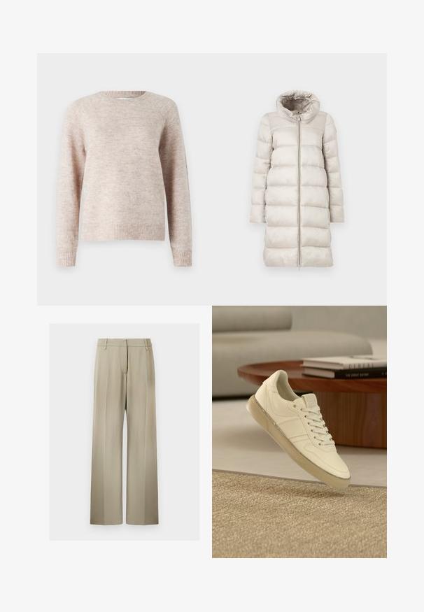 Manteau doudoune beige avec un design structuré et matelassé. Présente un col montant, des manches longues et une fermeture éclair sur le devant. Texture lisse et brillante.; Pull léger rose fabriqué en tricot doux, avec un col rond, des manches longues, et des bords côtelés aux poignets et en bas. Fini simple et texturé.; Pantalons à jambes larges en tissu beige doux, avec un devant plat, des passants de ceinture et une texture lisse. Taille standard sans motifs visibles.; Baskets en cuir blanc avec un design à lacets, des accents texturés et une semelle en caoutchouc translucide, présentées au-dessus d'une surface tissée.