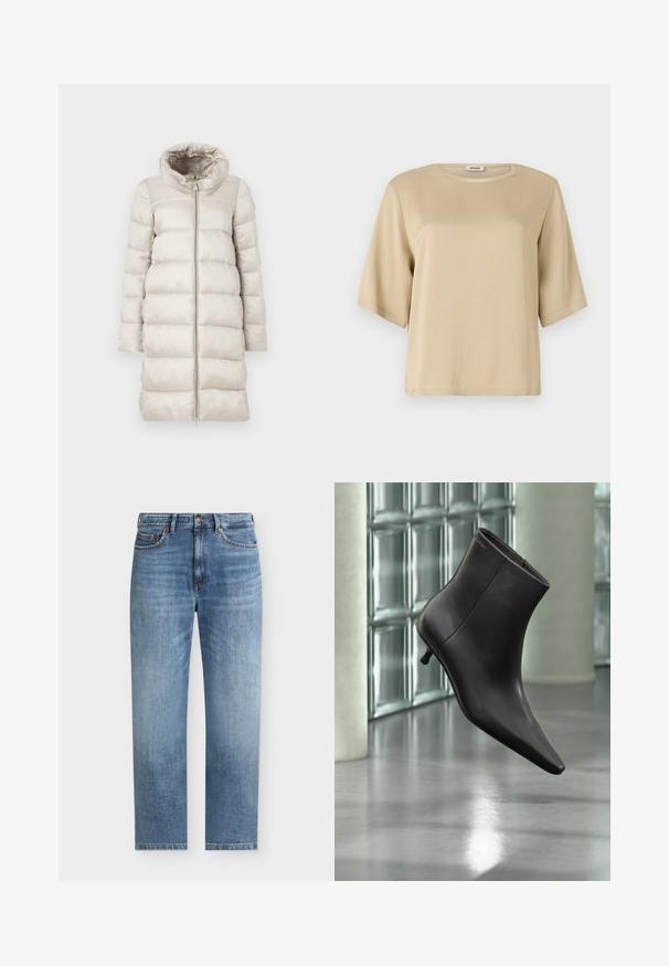 Beige puffjakke med en struktureret, quiltet design. Har høj krave, lange ærmer og en fuld lynlås foran. Glat, blank overflade.; Beige bomulds t-shirt med rund halsudskæring, korte ærmer og en afslappet pasform. Glat tekstur uden synlige mønstre eller udsmykninger.; Lyseblå straight-leg denim jeans med fem lommer, knaplukning og diskrete falmede detaljer på forsiden af lårene.; Sort læderankelstøvle med spids tå og lille hæl vist mod en væg af glasblokke og poleret gulv baggrund.