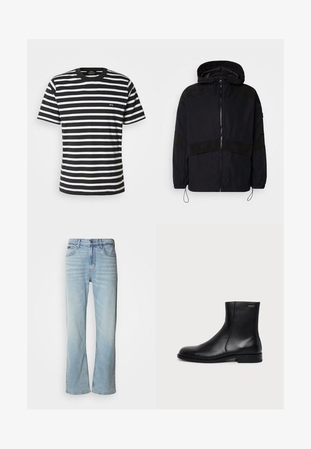 Veste noire avec capuche, dotée d'une fermeture éclair et de textures mates contrastées sur les épaules et la poitrine. Cordon de serrage ajustable à l'ourlet.; T-shirt rayé noir et blanc avec un col rond, des manches courtes et un petit logo brodé "MN" sur le devant. Fabriqué en tissu en coton doux.; Jeans en denim bleu clair avec une coupe droite, dotés de cinq poches, d'une fermeture à bouton et d'une légère décoloration sur le tissu.; Bottine en cuir noir à talon bas, couture latérale et petit logo "HUGO" sur le revers supérieur sur un fond uni.