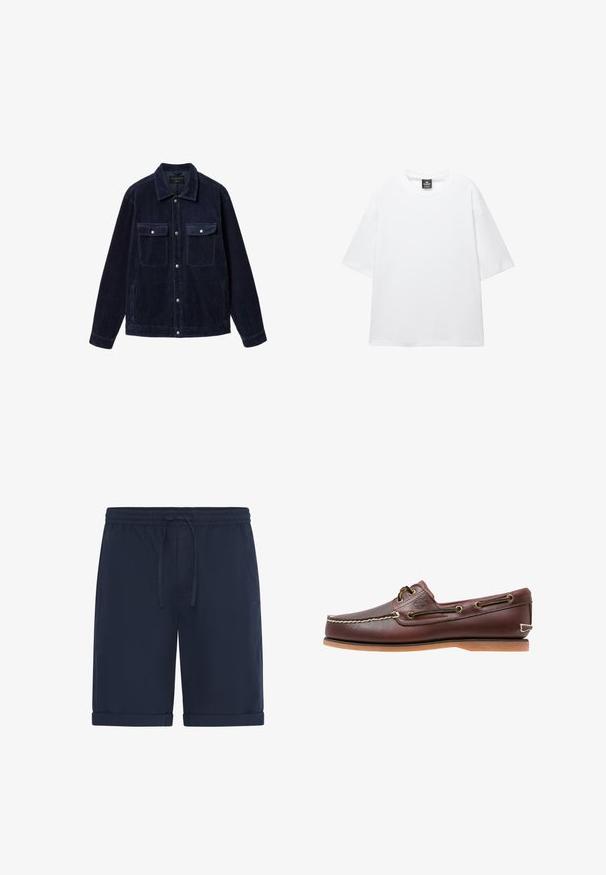 Mørk navy blå kordjakke med lange ærmer, knaplukning foran, to brystlommer med klap og sidelommer.; Hvid oversized t-shirt med korte ærmer, rund halsudskæring og blødt bomuldsstof. Har et sort mærke ved halsen. Ingen mønstre eller accenter.; Mørkeblå shorts lavet af letvægtsstof med elastisk linning med snøre og opbrettede kanter. Glat tekstur, afslappet design.; Brun læder bådsko med hvide sømme, snøre detaljer og lysbrun gummisål, vist fra siden på hvid baggrund.
