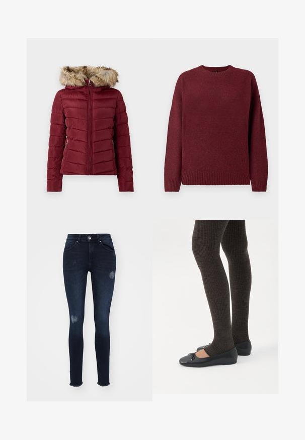 Bordeaux pufjakke med hætte beklædt med kunstpels, lynlås foran og sidelommer. Har quiltet struktur og tætsiddende pasform for varme.; Bordeaux sweater med rund halsudskæring, lange ærmer, ribbet kant og manchetter, lavet af blødt, struktureret stof der er velegnet til lag-på-lag.; Mørkeblå skinny jeans lavet af denim, med slidte knædetaljer, en skræddersyet kant, fem lommer og knaplukning.; Ben iført mørke ribbede leggings kombineret med sorte balletsko med små sløjfedetaljer på hvid baggrund.