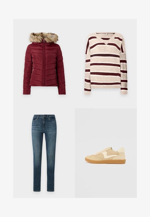 Bordeaux pufjakke med hætte beklædt med kunstpels, lynlås foran og sidelommer. Har quiltet struktur og tætsiddende pasform for varme.; V-hals sweater i beige med mørkerøde og cremefarvede striber. Har lange ærmer og ribkant. Blød tekstur og afslappet pasform.; Mørkeblå denim jeans med slim fit, der har en knaplukning, fem lommer og subtile slidser langs lårene.; Beige sneakers med ruskind og mesh-materialer, rund form, fremtrædende polstret krave og en gummikondisko. Har et bølge-design som accent.