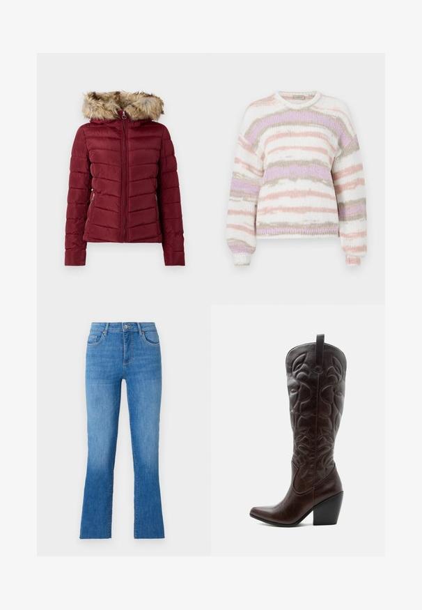Doudoune bordeaux avec capuche en fausse fourrure, fermeture éclair sur le devant et poches latérales. Présente une texture matelassée et une coupe ajustée pour la chaleur.; Pull en maille douce, motif rayé dans des tons pastel de rose, violet et beige, avec un col rond et des poignets côtelés.; Jeans en denim bleu avec une jambe évasée, dotés d'une taille mi-haute, de cinq poches et d'une fermeture à bouton argent classique. Texture lisse.; Botte de cowboy haute en cuir marron foncé avec motifs décoratifs cousus, bout pointu et talon bloc empilé.