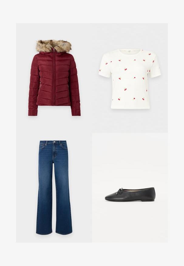 Bordeaux gekleurde pufferjack met een nep-vacht gevoerde capuchon, ritssluiting aan de voorkant en zijzakken. Heeft een gewatteerde textuur en een aansluitende pasvorm voor warmte.; Witte, korte mouwen, cropped shirt met kleine rode kersenpatronen en groene bladeren verspreid over de stof.; Brede denim jeans in donkerblauw met een textuurafwerking, voorzien van een knoopsluiting, vijf zakken en een rechte zoom.; Zwarte leren balletschoenen met een ronde neus en een decoratieve strikdetail. Het ontwerp heeft een gladde textuur en een lage, platte hak.