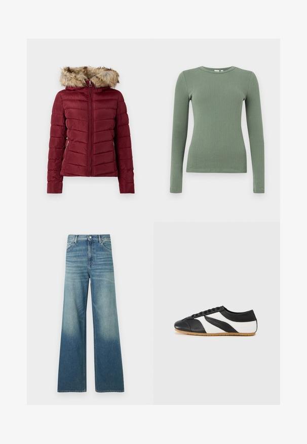 Doudoune bordeaux avec capuche en fausse fourrure, fermeture éclair sur le devant et poches latérales. Présente une texture matelassée et une coupe ajustée pour la chaleur.; Haut en tricot côtelé à manches longues avec col rond, de couleur vert sourd, à la silhouette près du corps.; Jean en denim bleu taille haute avec une coupe large, poches avant, fermeture par boutons et détails délavés sur les cuisses et le bas des jambes.; Baskets noires et blanches au design incurvé, en cuir, avec un embout texturé noir et une semelle en caoutchouc naturel. Fermeture à lacets.