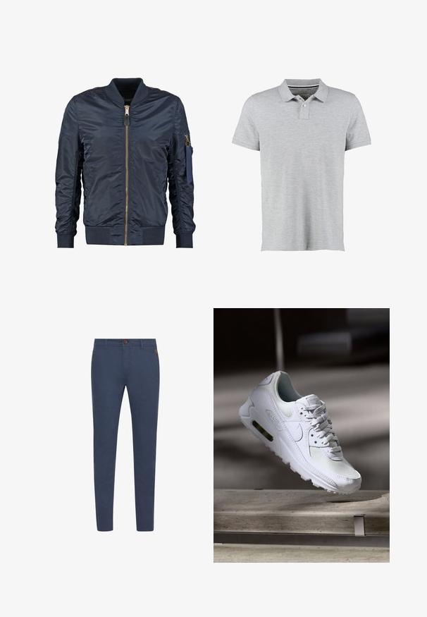 Chaqueta bomber azul marino hecha de material sintético suave, con cremallera frontal, puños acanalados y un bolsillo con cremallera en la manga.; Polo gris de manga corta, hecho de una tela suave, con un cierre de dos botones y un sutil diseño de cuello acanalado.; Pantalones de algodón azul marino con corte slim, con un botón marrón, bolsillos frontales y costuras simples. Textura suave, sin patrones visibles.; Zapatilla Nike Air Max 90 blanca con parte superior de malla y cuero, caja de puntera perforada y unidad de aire visible en el talón.