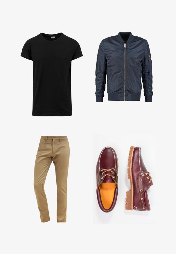 Marineblauwe bomberjack van soepel synthetisch materiaal, met een rits aan de voorkant, geribbelde manchetten en een ritszak op de arm.; Zwarte t-shirt van katoen, met een klassieke ronde hals, korte opgerolde mouwen en een rechte zoom. Eenvoudig, effen ontwerp zonder patronen.; Beige chino's met een gladde textuur, slim fit, knoopsluiting en riemlussen, met een standaard ontwerp voor de voorkantzakken.; Bordeaux leren schoenen met bruine rubberen zolen, ronde neus, witte stiksels en gouden veterogen. Het interieur heeft een gele voering.