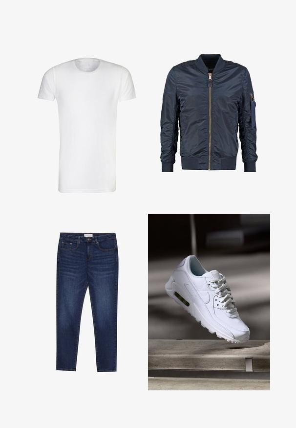Marineblauwe bomberjack van soepel synthetisch materiaal, met een rits aan de voorkant, geribbelde manchetten en een ritszak op de arm.; Witte t-shirt met korte mouwen, gemaakt van zachte katoen, met een ronde hals en een rechte zoom. Geen zichtbare patronen of versieringen.; Donkerblauwe slim-fit jeans met vijf zakken, knoopsluiting en contrasterende stiksels, gelabeld Pier One op de tailleband.; Witte leren sneaker met gestructureerde oppervlakken, gevoerde kraag en zichtbare luchtbescherming in de zool. Heeft veters en een minimalistisch ontwerp.