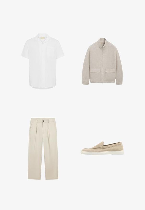 Veste beige clair zippée avec deux poches avant à rabat et un col montant, en tissu texturé.; Chemise blanche à manches courtes, fabriquée en tissu léger, avec une poche poitrine unique et un design décontracté.; Pantalon beige à jambes larges avec plis devant, poches latérales, passants de ceinture et fermeture par bouton noir à la taille.; Des chaussures slip-on en suède beige avec une texture lisse, un bout rond et une semelle en caoutchouc blanche. Comprend des détails de couture minimes et aucun métal visible.