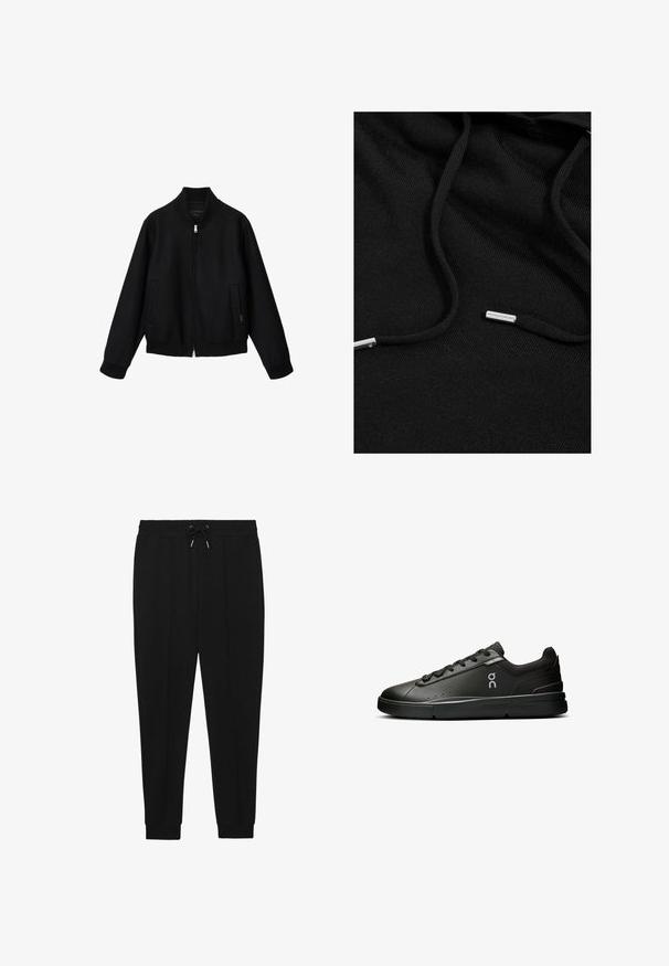 Zwarte bomberjas met ritssluiting, geribde kraag, manchetten en zoom, met zijzakken en een minimalistisch ontwerp.; Zwarte hoodie van zachte stof. Voorzien van trekkoorden met metalen uiteinden en een gestructureerd oppervlak. Minimalistisch ontwerp zonder patronen.; Zwarte sportbroek met een trekkoord in de taille, taps toelopende benen en ribbels aan de manchetten. Gemaakt van een zachte stof met een gladde textuur.; On THE ROGER ADVANTAGE - Sneakers laag - black black