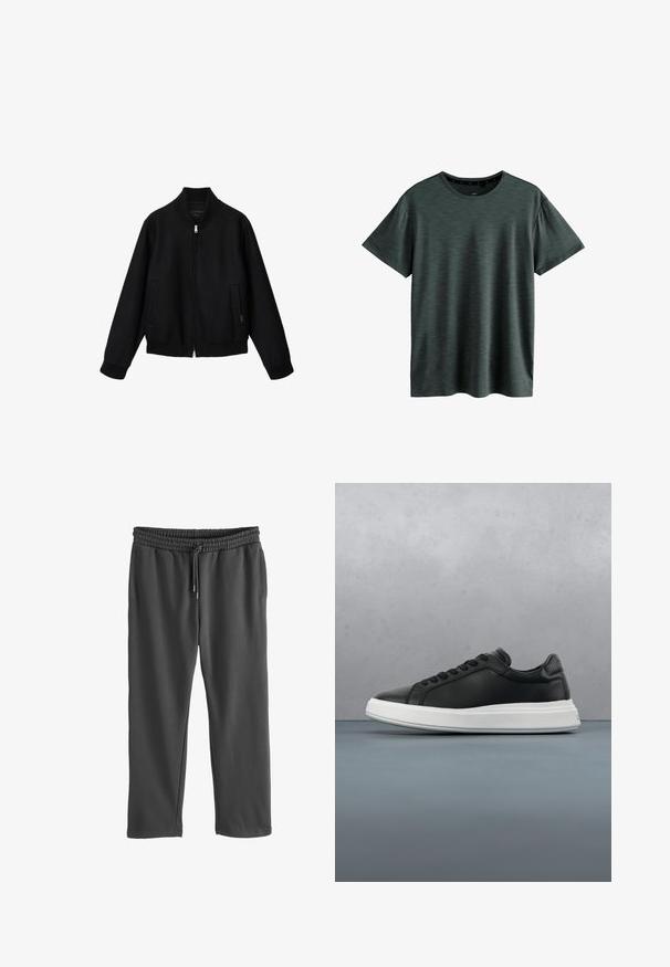 Sort bomberjakke med lynlås, ribbet krave, ærmekanter og kant forneden, med sidelommer og et minimalistisk design.; Mørkeblå T-shirt lavet af blødt, struktureret stof. Har en klassisk rund hals og korte ærmer med et subtilt mønster. Ingen synlige logoer.; Grå sweatpants med elastisk talje og justerbar snøre. Fremstillet af blødt stof, med sidelommer og en afslappet pasform.; Sorte lædersneakers med en glat overflade, hvid gummisål, afrundet form, seks øjer til snørebånd og diskret branding på hælen.